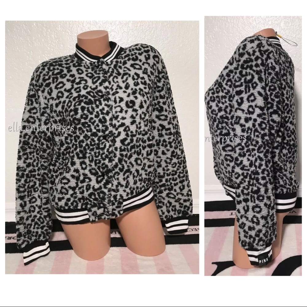 VS Pink Limited Gray Leopard Sherpa Bomber Jacket - Picture 3 of 8